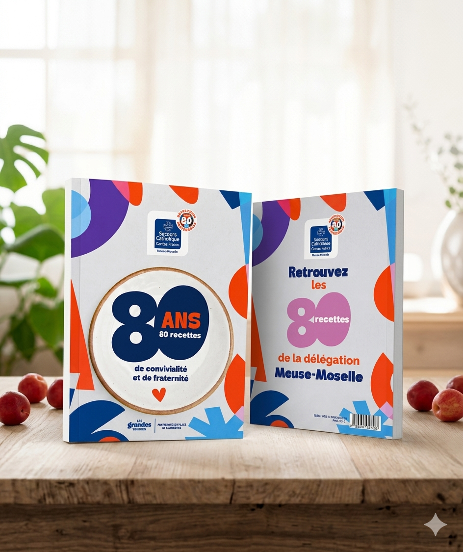 Couverture et quatrième de couverture du livre "80 ans – 80 recettes de convivialité et de fraternité" du Secours Catholique – Meuse-Moselle, posé sur une table en bois avec des fruits rouges, fond lumineux et végétation.